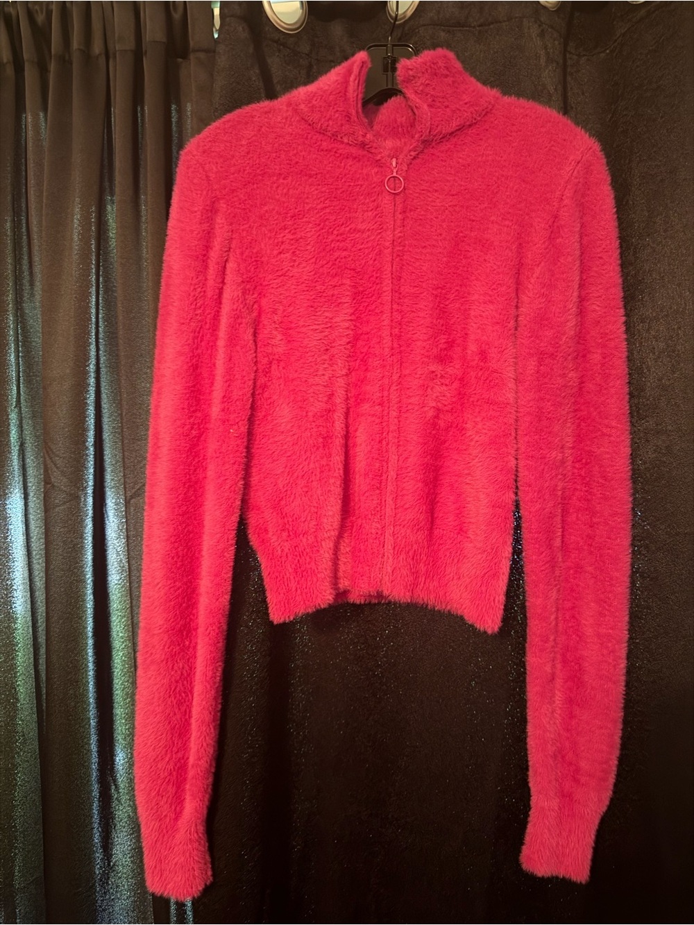 Fashion Nova Fuzzy Zip-Up Sweater in Hot Pink